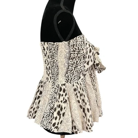 Stitch + Feather Strapless Babydoll animal print bubble top women Large boho tan - Picture 3 of 6